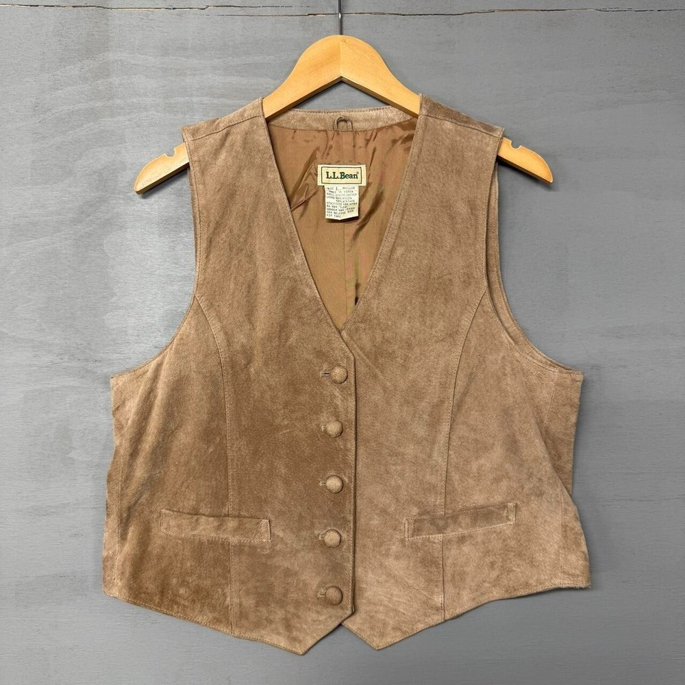 L.L.Bean Vintage Suede Leather Vest Tan Brown Button Front V-Neck Large